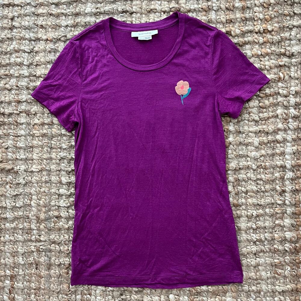 Icebreaker Cool-Lite Merino Wool Lyocell Blend Tee Purple Floral Women S